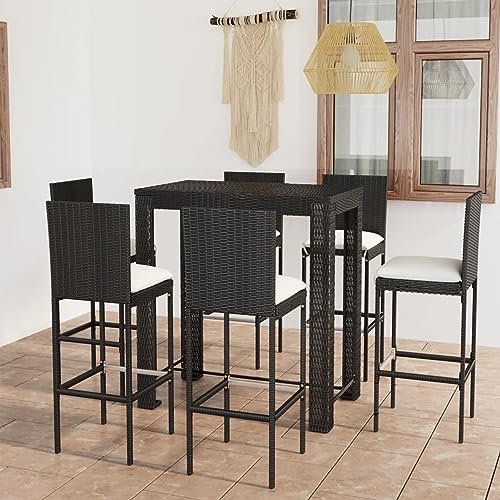 Tidyard 7-TLG.Gartenbar-Set Garten Bar Set Sitzgruppe Rattan Bar Tresen Theke Tisch Barset Garten Tisch Outdoor Gartenmöbel Set mit Kissen Poly Rattan Schwarz-207