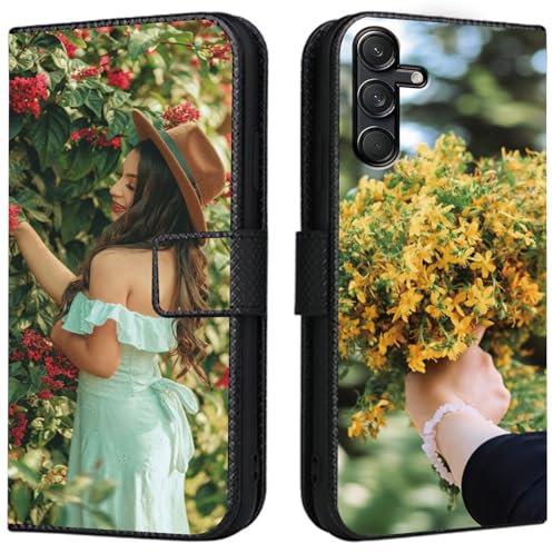 CAXKJE Lederhülle für Samsung Galaxy S24 Personalisierte Handy Hülle,mit Eigenem Foto Bild Text Individuelle Schutzhülle,Leder Flip Case Schutzhülle Stoßfest Hülle -SAMHD-Black