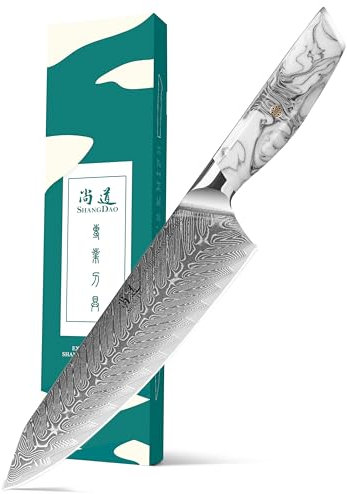 SHANGDAO Couteau de chef, couteaux de cuisine japonais de 20 cm, couteau de chef à manche en réalité en acier VG10, couteaux de chef de finition martelée, couteau japonais Damas