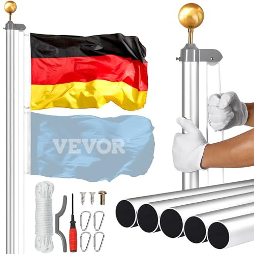 VEVOR Abnehmbarer Fahnenmast-Bausatz, 7,6 m, Robustes Fahnenstange-Bausatz aus Aluminiumlegierung, Fahnenmast mit 3 Anzeigemodi und professionellem Zubehör, deutsche Flagge, Silber