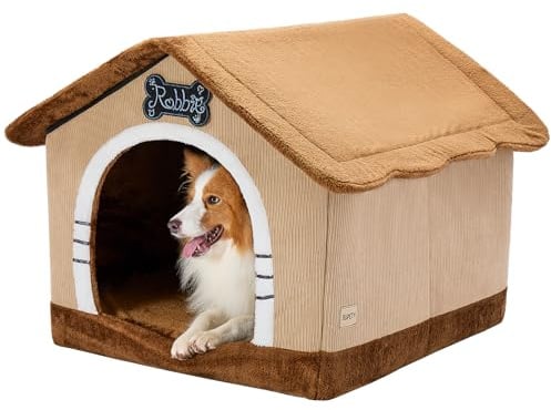 Jiupety Hundehöhle Hundehütte Indoor mit Rahmen, Gemütliche Hundehaus für Drinnen, Hundebett mit Dach für 11-27 kg, 2XL Größe 76x66x64 cm, Brown