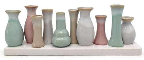 Mea-Living 10 Väschen auf Tablett aus Keramik Multicolour - 10er Blumenvase aus Porzellan in bunt modern, dekorative Geschenkidee