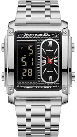 JewelryWe Herrenuhr Chronograph Multifunktional Uhr: Silber Wasserdicht Militär Analog Digital Armbanduhr Herren Edelstahl Rechteckig Digitaluhr Sport Uhr mit LED Multizeit Kalender Wecker Stoppuhr