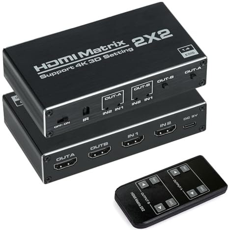 HDMI Matrix 2x2 Matrix Switch 2 in 2 Out Switcher Splitter Box mit IR-Fernbedienung, unterstützt Ultra 4K @ 60Hz YUV 4:2:0, 4K @ 30Hz, 3D, 1080P, HDMI 1.4, HDCP 1.4