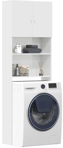 Mobile Lavatrice Bianco Lucido 190x64x24 cm, Mobile Bagno Lavatricein, Mobiletto Porta Lavatrice da Bagno con Scaffale e Armadietti Legno Multistrato (Peso 25,9KG)