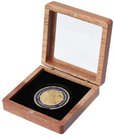 SUPERFINDINGS Caja de almacenamiento de monedas individual de madera con ranura de terciopelo negro de 5 cm con ventana superior transparente para colección