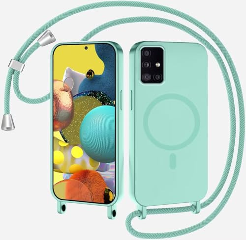 SLWYF Magnetische Handykette für Samsung Galaxy A51 5G Hülle mit Band, Handyhülle Kompatibel mit MagSafe, Silikon Necklace Handyhülle mit Abnehmbar Kordel zum Umhängen Case Samsung - Minzgrün