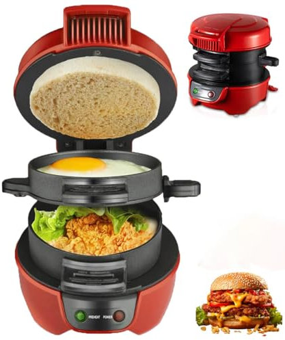 Breakfast Sandwich Maker, 600W Burger Sandwich Omelette Toaster Maker with Egg Cooker Ring, Spin Out Cooking Board, Indicator Light, Non Stick Egg Mcmuffin Maker for Home Kitchen red