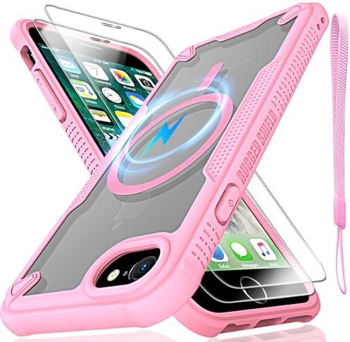 for iPhone 6/7/8,SE2,SE3 Case, Translucent Matte Back with Magsafe Magnetic Slim Shockproof Protective Case with Lanyard Strap and 2*9H Tempered Glass Screen Protector Phone Cover 4.7-inch-Pink