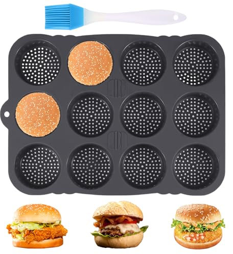 Stampo per Panini per Hamburger Con 12 Cavità, Stampi per Hamburger in Silicone per Pane,Stampo in silicone per hamburger, chignon, hamburger, chignon, antiaderente, con pennello per olio