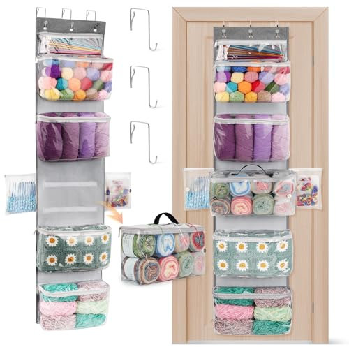 Aeelike Hanging Yarn Storage Organizer, Large Capacity Knitting Storage Bag Organiser with 6 Clear Compartments, Over The Door Yarn Storage, Detachable Knitting Bags for Wool and Needles Storage