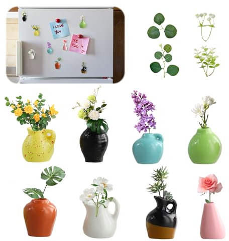 COWANIEE 8pcs Mini Vase Magnets for Fridge +4* Fake Plants, Mini Magnet Cute Vases for Refrigerator