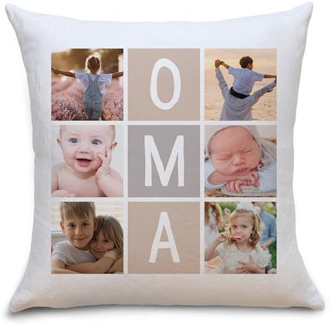 OWLBOOK® Muttertagsgeschenk für Oma Geschenke | Personalisiertes Foto Kissen mit 6 Fotos selbst gestalten | Fotokissen optional mit Füllung | Geburtstagsgeschenk | OMA | Flauschig 40x40