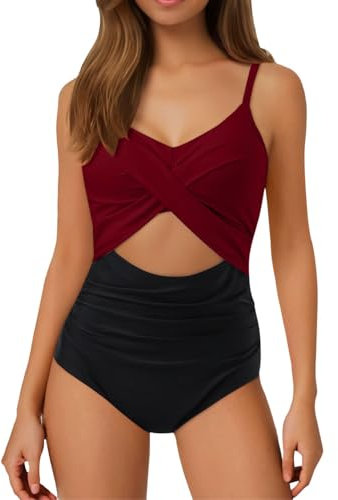 2025 Maillot de bain pour femme Maillot de bain ventre plat Maillot de bain pour femme Coupe haute Taille Maillot de bain effet cache-cœur Bande de serrage arrière 1 pièce avec jupe femme, Bordeaux, L