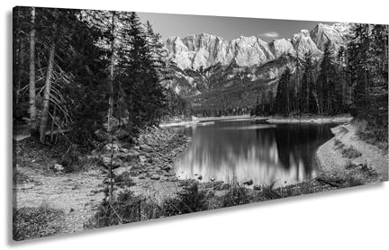Leinwandbild Stilles Wasser spiegelt die Erhabenheit der Alpen. Panorama 60x30cm Effekt:Schwarz&Weiß XXL Kunstdruck Bild auf Keilrahmen/Wandbild/Wohnzimmer Dekoration
