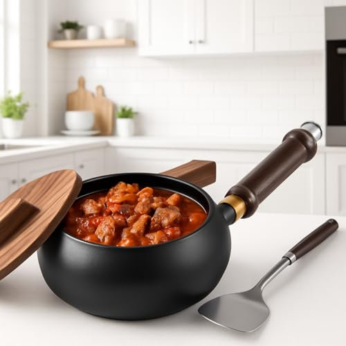 TECKZOON Padella Giapponese in Ferro Forgiato a Mano 24cm, Ferro Puro, Senza Rivestimento & Antiaderente Naturale, con Coperchio in Legno e Spatola, Adatta per Induzione, Gas ed Elettrico