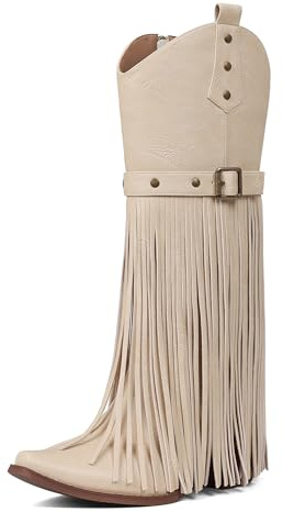 Grakihily Cowboy Boots for Women Retro Square Toe Side Zipper Block Chunky Heel Tassel Country Concert Outfits Calf Western Cowgirl Boots, B58./Beige, 8 UK