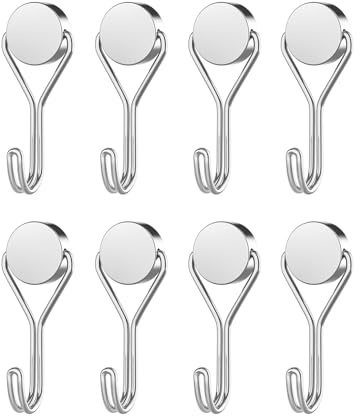 EUZUXU 8 Pezzi Ganci Magnetici Extra Resistenti, Magneti Resistenti con Gancio, Ganci Magnetici Cucina Ruotabile, per Cucina, Ufficio, Frigoriferi, Appendere luci Decorative - Argento