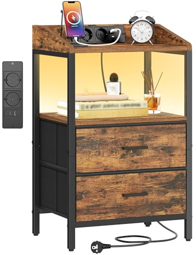 Hzuaneri Nachttisch mit LED-Leuchten und ladefunktion | Beistelltisch mit 2 Stoff-Schubladen mit USB & AC, für Schlafzimmer, Wohnzimmer, Vintage Braun-Schwarz NS36101BEU