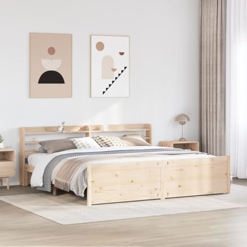 Mandloder Kiefernholz Bettgestell mit Kopfteil, 180x200 cm, Robustes Doppelbett mit Ablagen, modernes Design, massives Vollholz für Schlafzimmer, ohne Matratze