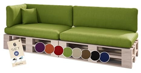 sunnypillow Palettenkissen Outdoor, wasserdicht, UV-lichtecht - 6er Set - Palettenauflage für Palettensofa für Haus, Garten - Palettenpolster für Palettenmöbel - Rückenkissen & Sitzkissen Grün