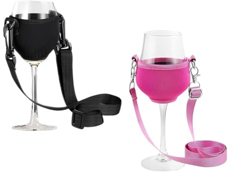 Riven 2PCS Wine Glass Holders, Neck Holder, Cup Holder for Hanging for Wine Festival, Wedding, Birthday, Party, Picnics (Black + Rose Red)