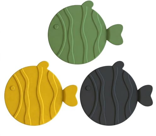 Silicone Bathtub Drain Stopper, 3 Pack Cute Fish Shaped Sink Plug with Suction Cup, Universal Flat Drain Cover for Bath, Kitchen Sink, Shower – Blocks Odours & Keeps Bugs Out – Yellow Green Grey
