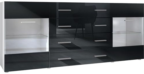 Vladon Buffet Dressoir Bari V2, Corps en Blanc Mat/Façades en Noir Haute Brillance (166 x 72 x 35)