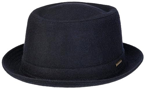 Stetson Wool Pork Pie Hut Herren Damen Made in Italy Fedora mit Schurwolle Baumwollfutter Krempe Herbst Winter dunkelblau 55 cm