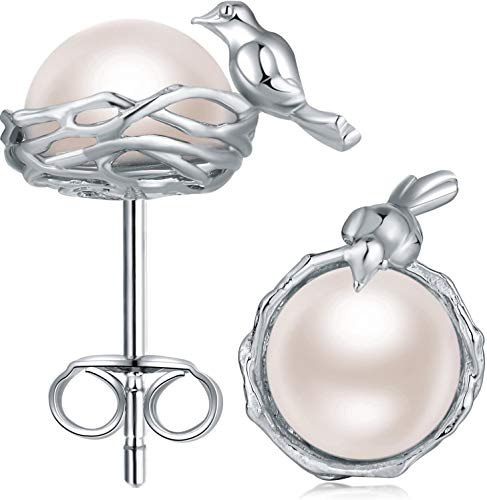 Boucles d'oreilles oiseaux pour femmes en argent sterling 925 avec perles hypoallergéniques, boucles d'oreilles à tige, bijoux en perles d'eau douce, cadeau.