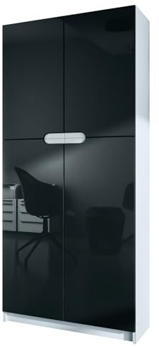 Vladon Büroschrank Logan V1, Made in Germany, Aktenschrank mit 5 Fächern und 4 Türen, Weiß matt/Schwarz Hochglanz (82 x 185 x 37 cm)