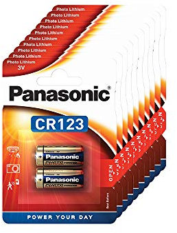 Panasonic CR123 zylindrische Lithium-Batterie für leichte Geräte mit hohem Energiebedarf wie Rauchmelder, Alarmanlage, Stirnplampe, Kameras, 3V, 10 Packungen (20 Stück)