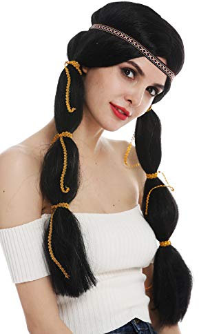 WIG ME UP - SARL087-P103 Perücke Damenperücke Karneval lang Indianerin Indianer-Frau Wilder Westem Zöpfe schwarz Stirnband