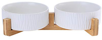 HCHLQLZ Blanc Pet Gamelles pour Chien et Chat Gamelles Chien Chat Céramique Support Bambou -Va au Lave-Vaisselle et Facile à Nettoyer (2 Bol)