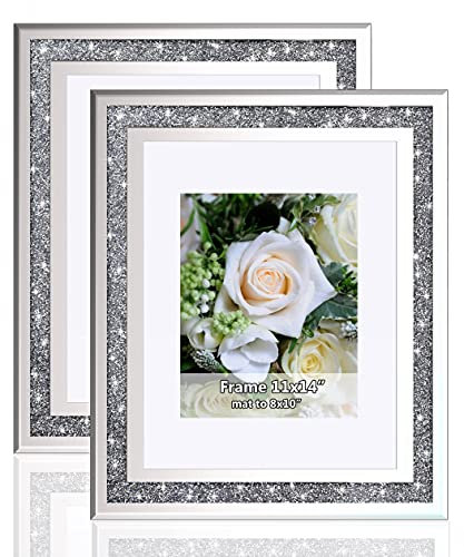 Marco de fotos con espejo de boda de diamantes aplastados, marco de fotos de cristal plateado para fotografía de tamaño 11 x 14 pulgadas con paspartú para 8 x 10 pulgadas, paquete de 2 marcos de