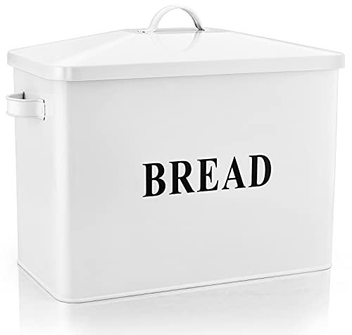 Bread Bin, Homikit Vintage Bread Box Container for Kitchen Table, Extra-Large Metal Bread Holder Great for Space-Saving Storage, 34.1x19.1x24.5cm Holds 2+ Loaves, Retro Style & Farmhouse Décor - White