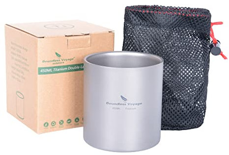 iBasingo Outdoor Camping Titan Becher 450ml Reisebecher Doppelwandige Isolierte Tasse Faltbare Kaffee Trinkgeschirr Leichtes Langlebiges Geschirr für Täglich Gebrauchtes Wandern Ti3030D