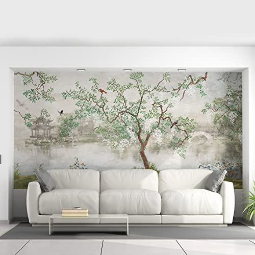 Toile Schlafzimmer Chinoiserie Tapete Garten Vintage Aufkleber – Grau selbstklebende Wandpapierdruck Heimdekor – Chinesischer Stil abziehbar Vinyl Kunst