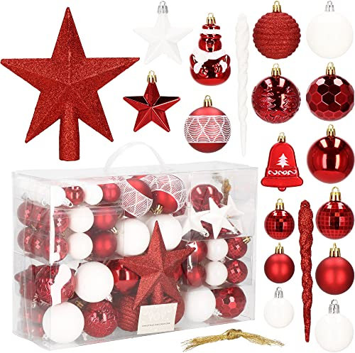 SPRINGOS Weihnachtsbaumkugeln 104 Stück inkl. Sternspitze Ornamente Rot Weiß Schneemann Weihnachtsbaumschmuck Weihnachten Tannenbaum