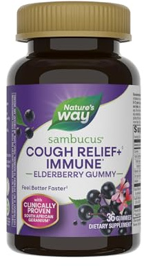 Nature's Way Sambucus Cough Relief +(1) Immune* Elderberry Gummy, Clinically Proven South African Geranium Root Extract(1), Elderberry Extract, Vitamin C & Zinc, 36 Gummies (Packaging May Vary)
