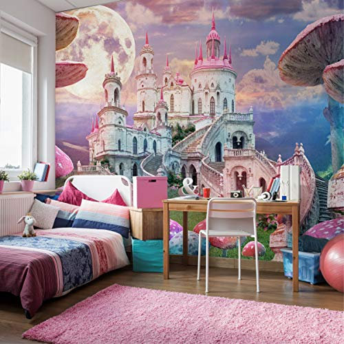 Wallepic Vlies Fototapete Natur Prinzessin Schloss Pilze Gras 360 x 240 Moderne Tapete XXL Blumen Himmel Mond Wohnzimmer Schlafzimmer Büro Flur Mehrfarbig Abstrakt Br. 360 cm x Hö. 240 cm