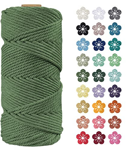 LEREATI Makramee Garn 4mm x 100m Armeegrün Baumwollkordel Natur Baumwollseil Farbig Baumwollgarn, Macrame Cord 4mm für DIY Geflochten, Makramee Deko, Hängepflanze, Wandbehang, Vorhang