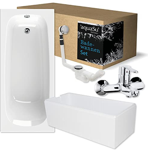 'aquaSu® Komplettset Acryl-Badewanne 170 x 75 cm | Körperform-Badewanne meLeo | Wand-Armatur mit Umsteller | isolierender Wannenträger | Excenter-Ablaufgarnitur | Badewannen-Set | Weiß | 83288 5