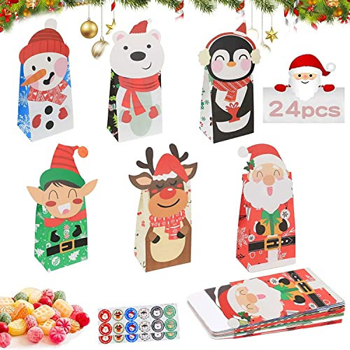 Papiertüten Weihnachten, 24 Stück Geschenktüten, Adventskalender Selber Befüllen, Geschenkverpackung Mit 24 Aufkleber, Selbstgemachter Adventskalender