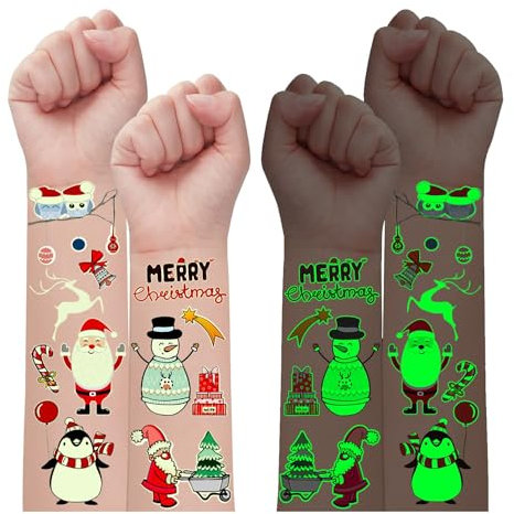 Leesgel Tattoo Kinder Weihnachten, 24 Blätter Leuchtende Weihnachts Temporäre Tattoos Aufkleber Kinder Tattoo Sticker für Weihnachtsdeko, Weihnachts Kindertattoos Weihnachtsgeschenke Kinder Party Deko