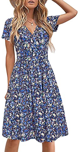 STYLEWORD Women's Summer Dress Short Sleeve V-Neck Sundress Floral Wrap Waist Casual Dress with Pockets(Floral21,Large)