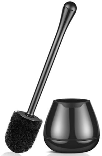 Alpsnow Toilet Brush and Holder, Long Handle, Plastic Holder, Drip-Proof, Easy to Assemble, Deep Cleaning, Black, Nylon Bristles