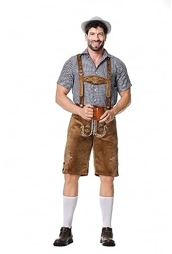 Oktoberfest Herren Outfit Herren Deutsch Bayern Oktoberfest Kostüm Set mit Abnehmbarem Lätzchenträger Kariertes Trachtenhemd, Lederhose mit Trägern und Bayerischen Filzhüte Trachten Set