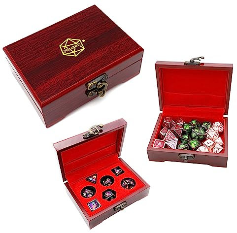 Haxtec Mystery DND-Würfel-Set aus Metall mit Holzwürfeletui, DND-Geschenke für Spieler und Männer, Doppelzweck-Würfelbox aus Holz mit D&D-Würfelset aus Metall, TTRPG-Zubehör