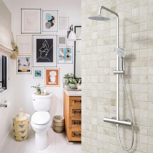 OCEAN ITALY Colonna Doccia con Miscelatore Termostatico, Soffione Doccia Rontondo 20cm con Rubinetto Larghezze 28cm Diametro 40mm, Doccetta 3 getti, Asta Regolabile 735-1170mm, cromato